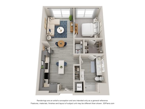 Floor plan for 1 bed, 1 bath, 819 sqft